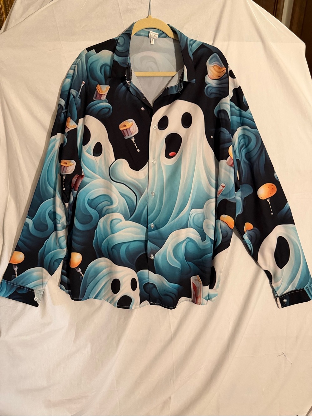 #559 Halloween Men's Dress shirt Ghost Print - Blue Ghosts